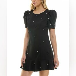 Midnight Doll Black Mini Dress with Puff Sleeves and Gemstones size XL